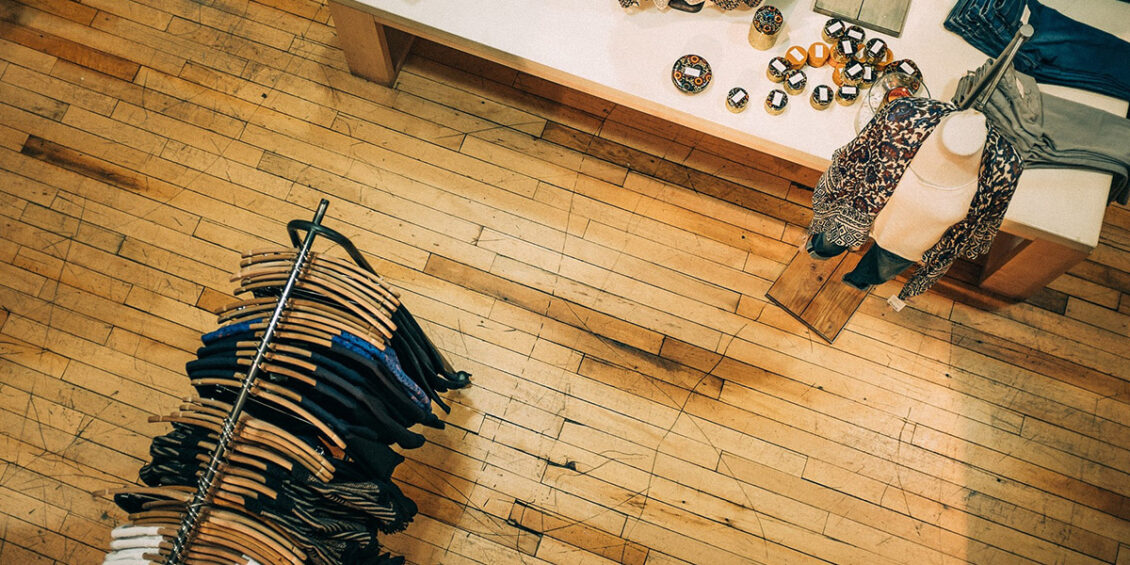 overhead shot of clothes in a retail store