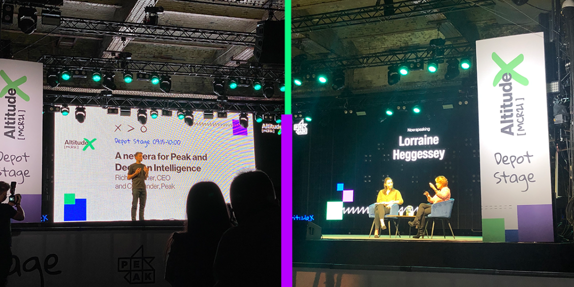 splitscreen picture of a keynote presentation and fireside chat at AltitudeX Manchester
