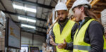 Two workers in hard hats and hi vis jackets looking at a computer and talking to each other in a warehouse