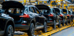 A car assembly line in an automotive manufacturing plant