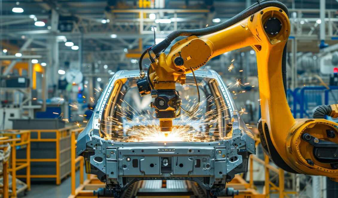 A car being manufactured in a factory