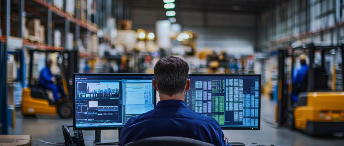 A person looking at computer screens in a warehouse